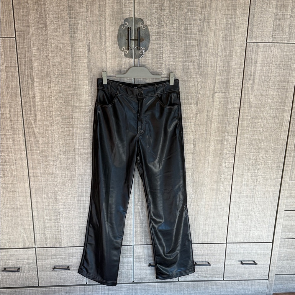 Zara Faux Leather Straight Leg Contrast Stitching‎ Trousers